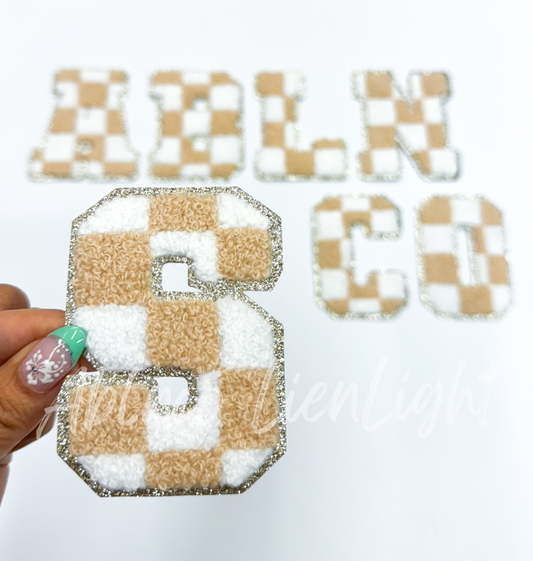 Tan Checkered Letters Chenille Embroidery Patch