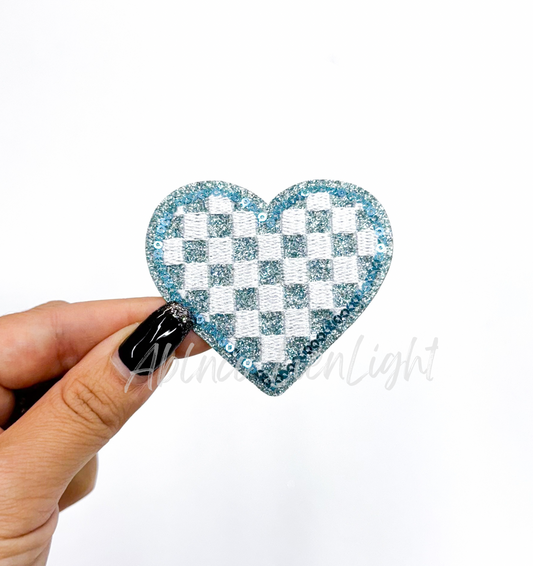 Light Blue Checkered Heart Sequins Glitter Patch