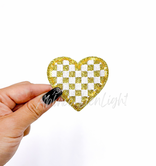 Gold Checkered Heart Sequins Glitter Patch