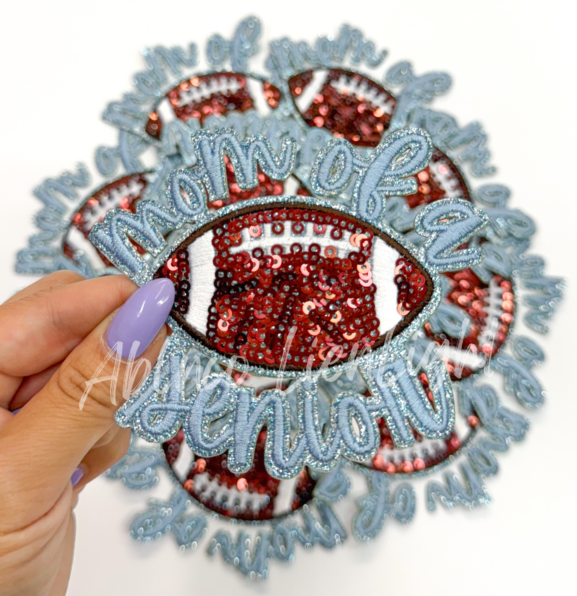 Light Blue Football Mom of Senior STICKER Adhesive Embroidery Sequin Patch