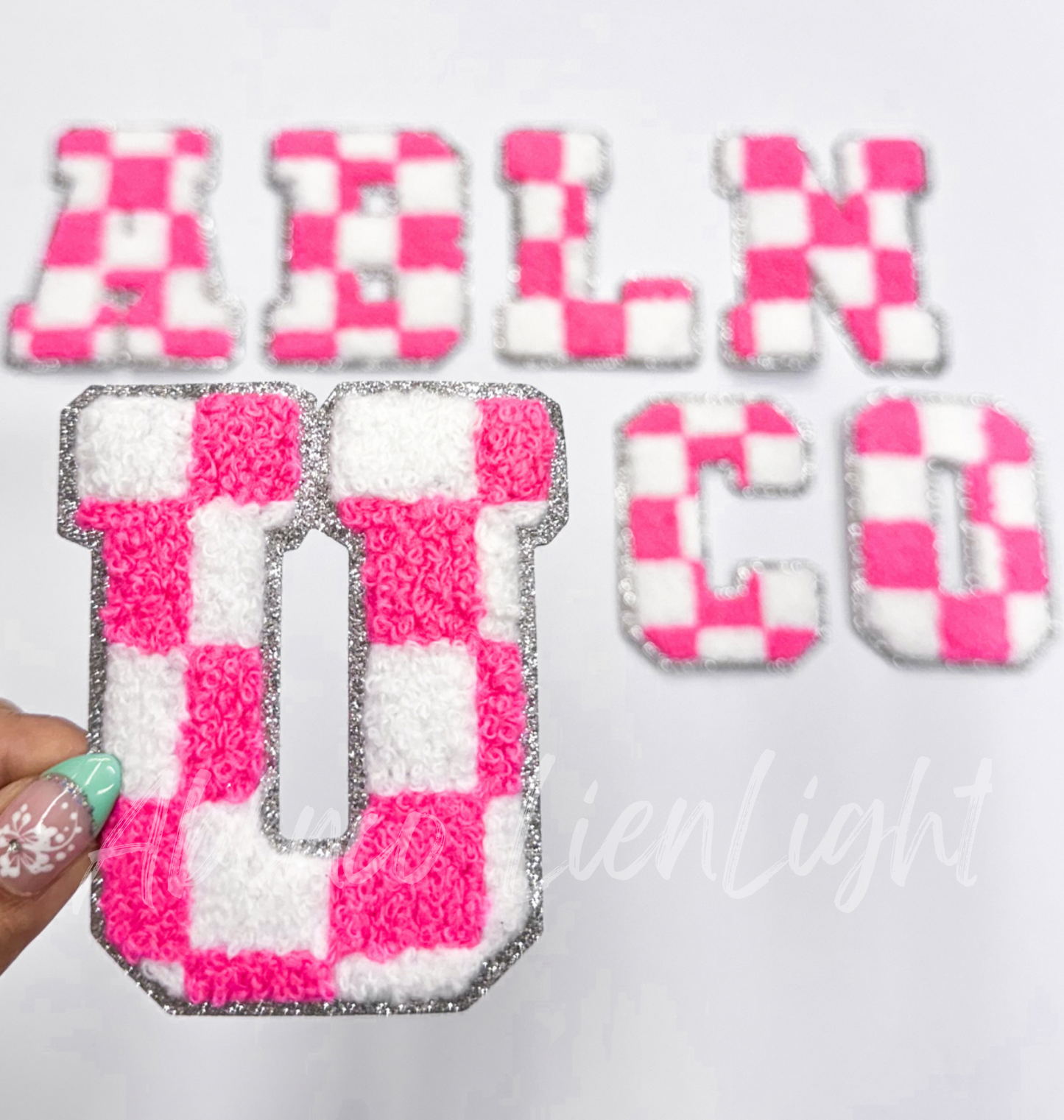 Neon Pink Checkered Letters Chenille Embroidery Patch