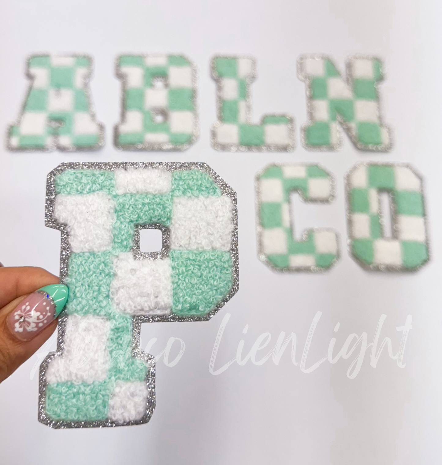 Mint Checkered Letters Chenille Embroidery Patch