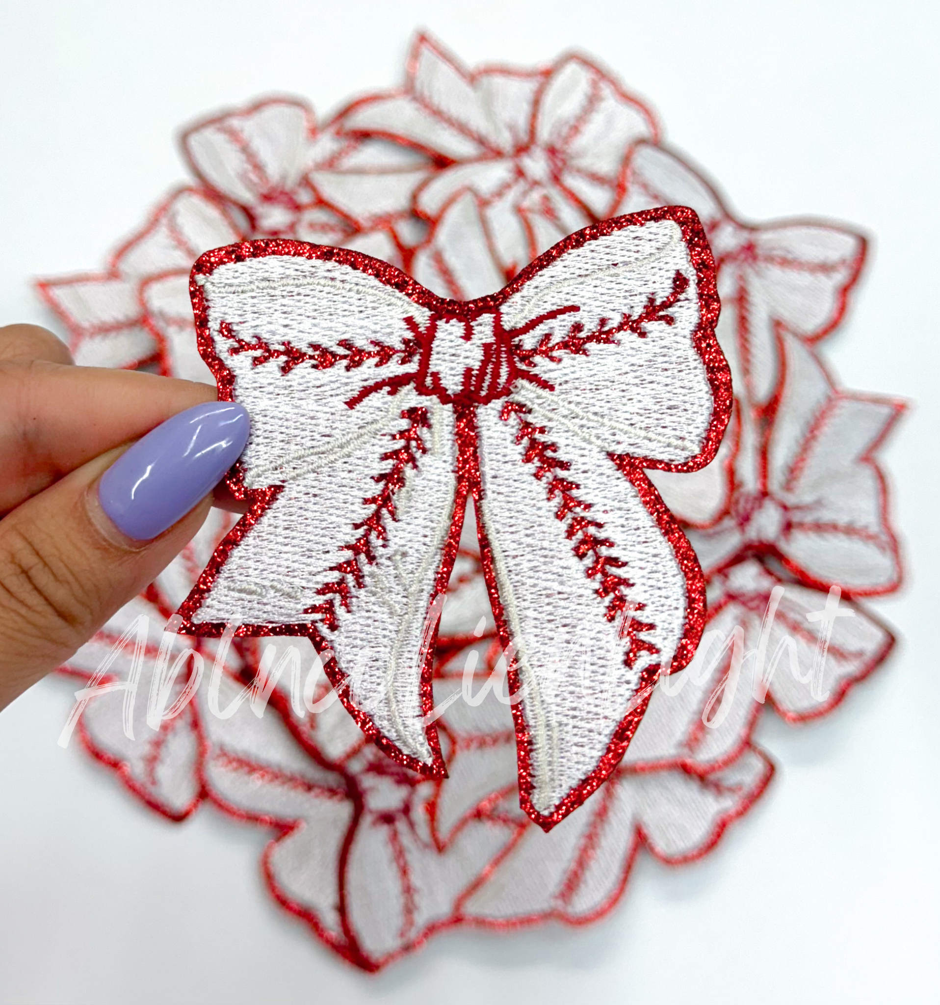Baseball Bow Glitter Embroidery Patch - Small