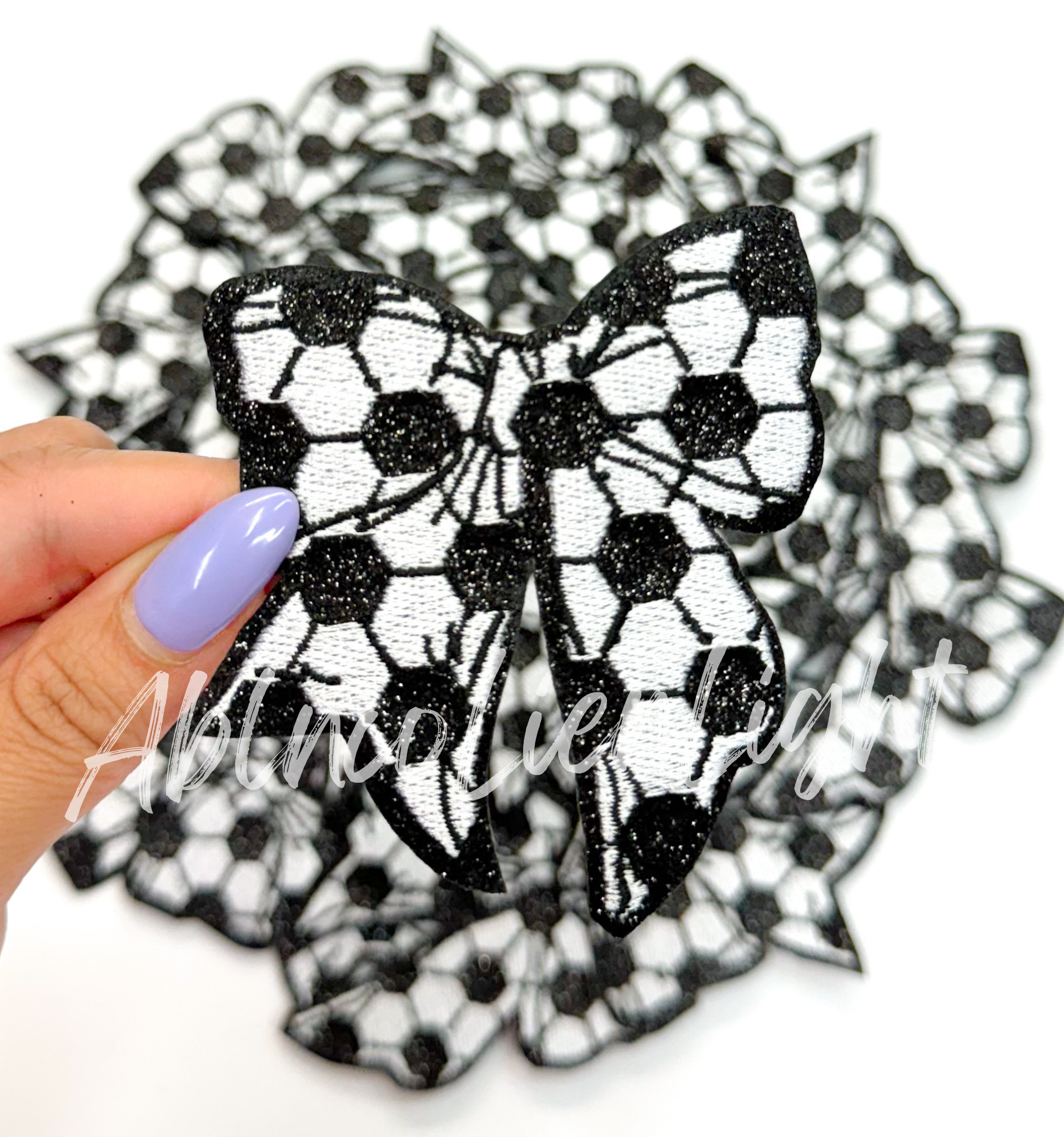 Soccer Bow Glitter Embroidery Patch - Small