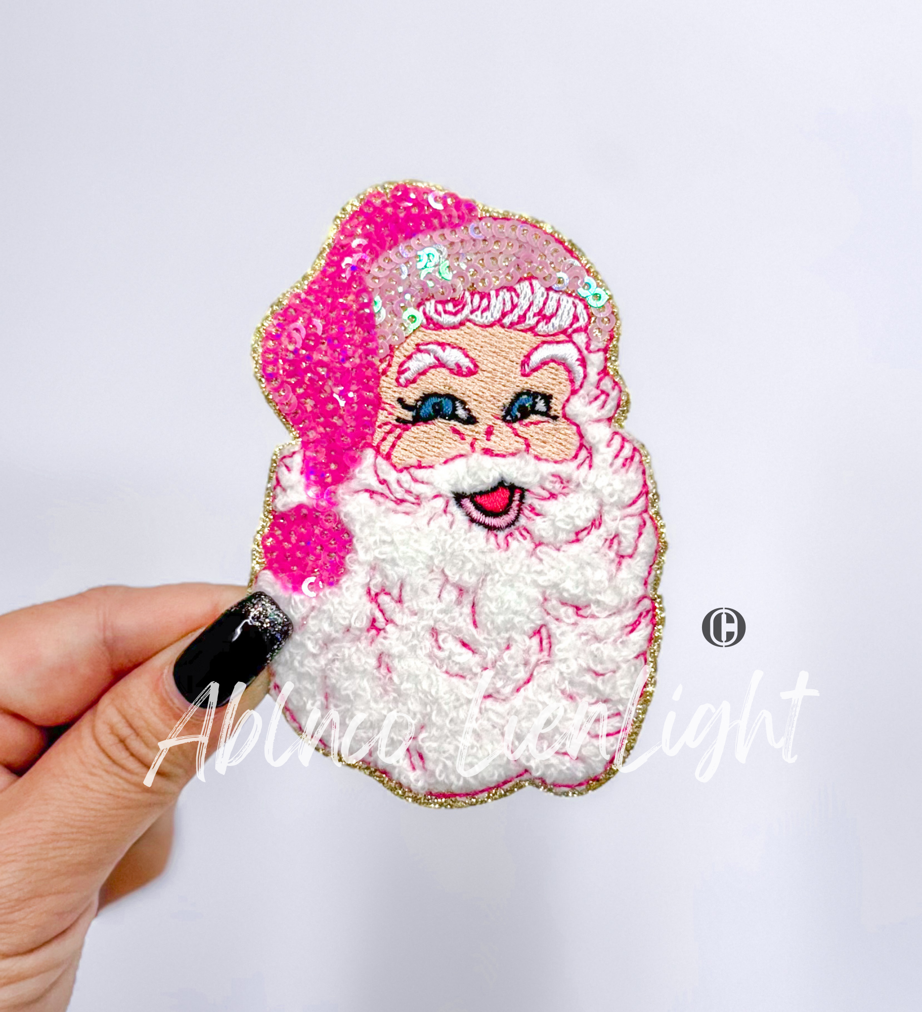 Pink Santa Christmas Chenille Sequin Patch - Small