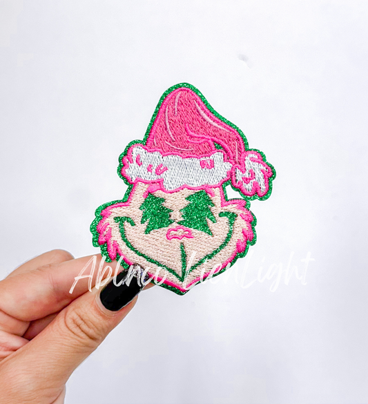 Preppy Pink Grinchy Christmas Glitter Embroidery Patch