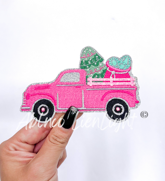 Pink Christmas Turquoise Truck©️Glitter Embroidery Patch