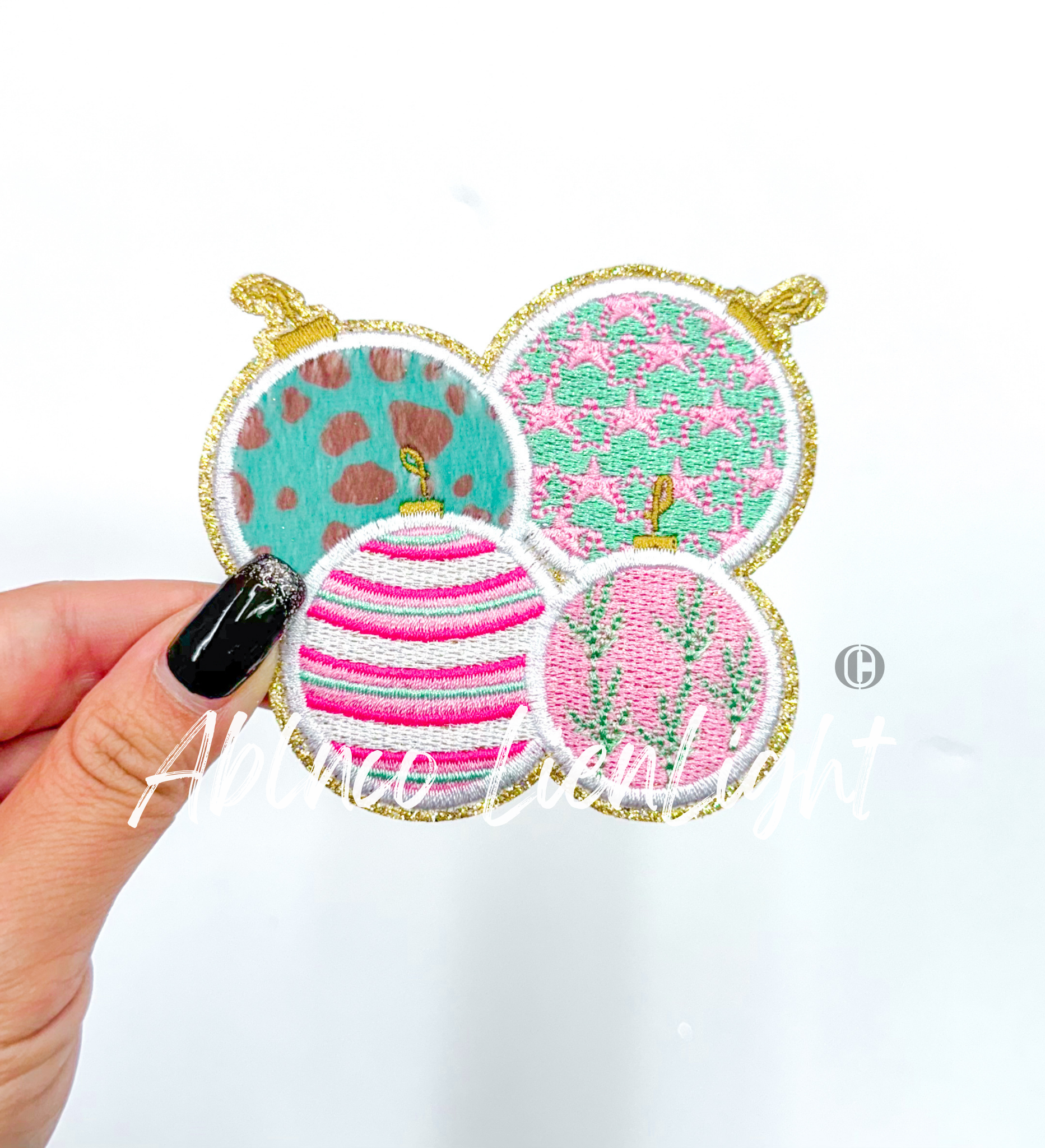 Pink & Turquoise Ornaments Christmas Embroidery Patch - Small