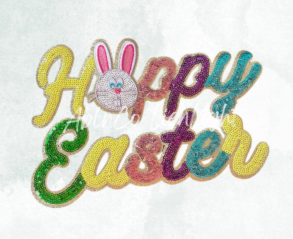 Happy Easter Bunny Cursive Sequins Patch
