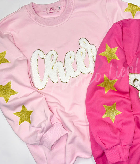 Cheer Patch Megaphone Gold Glitter Stars Pink Sweatshirts