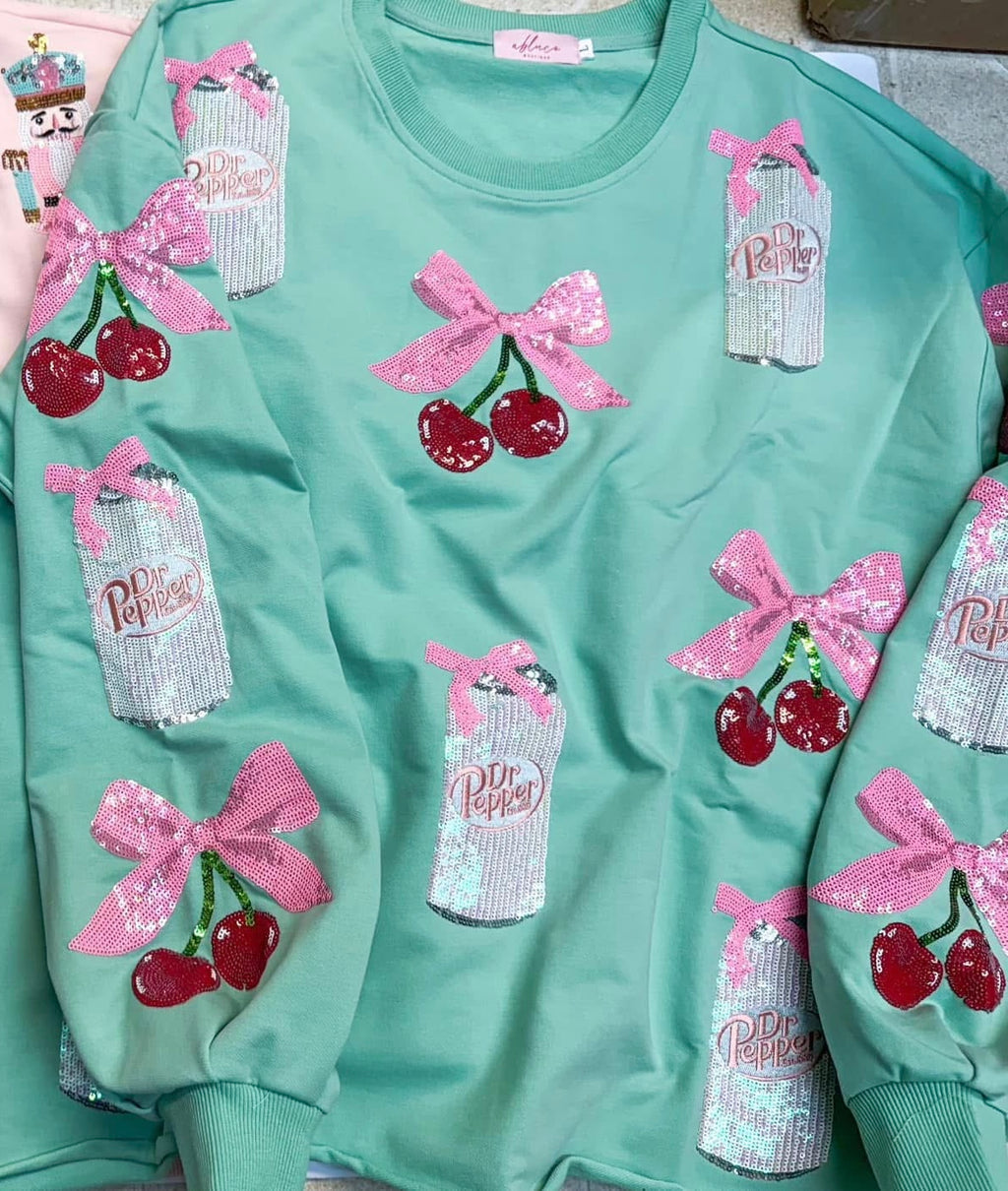 Sparkles Sequins Diet Dr. Pepper Cherries Pink Bow Mint Sweatshirt