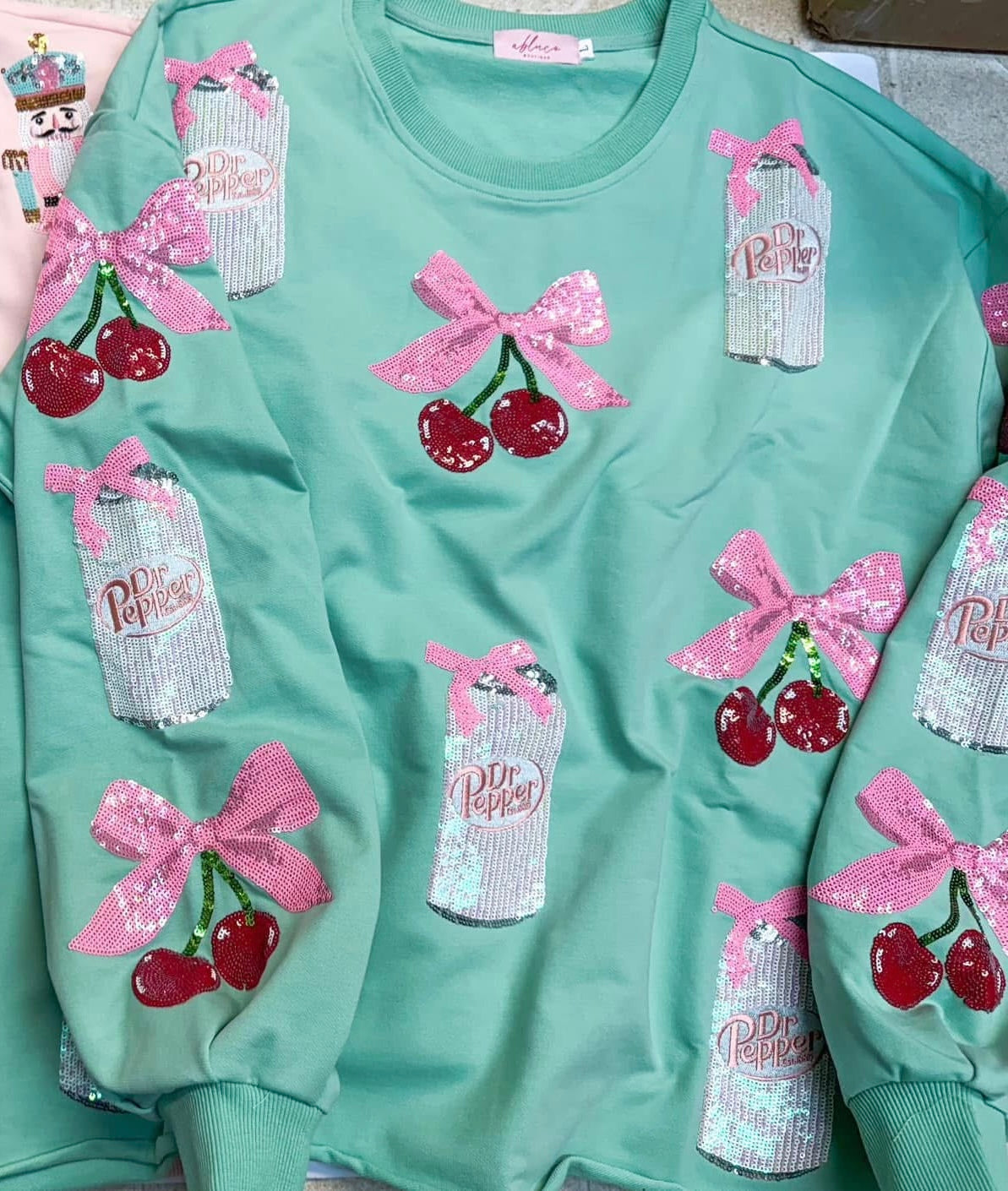 Sparkles Sequins Dr. Pepper Cherries Pink Bow Mint Sweatshirt