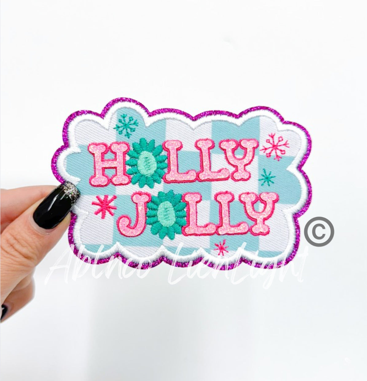 Holly Jolly Pink Turquoise Christmas Embroidery Patch - Small