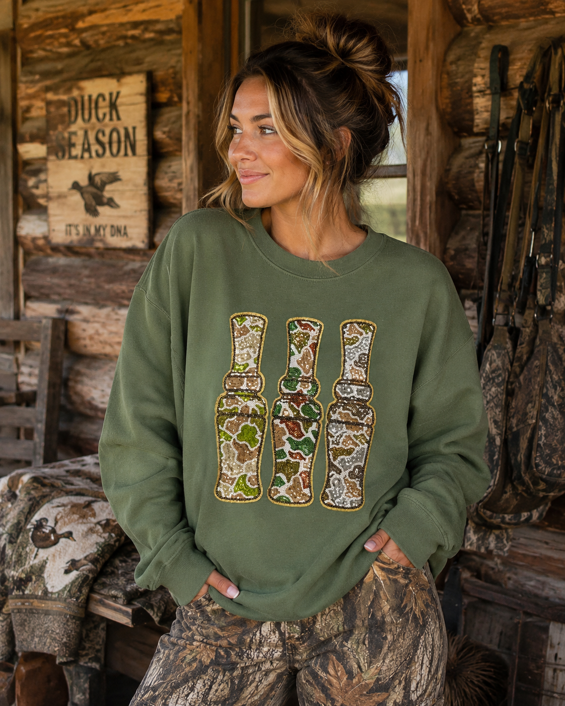 Duck Call Hunting Sequin Patch Shirt