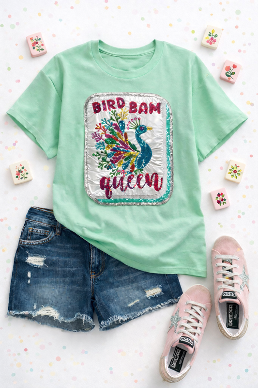 Mahjong Bird Bam Queen Beaded Real Sequins Mint Tshirt