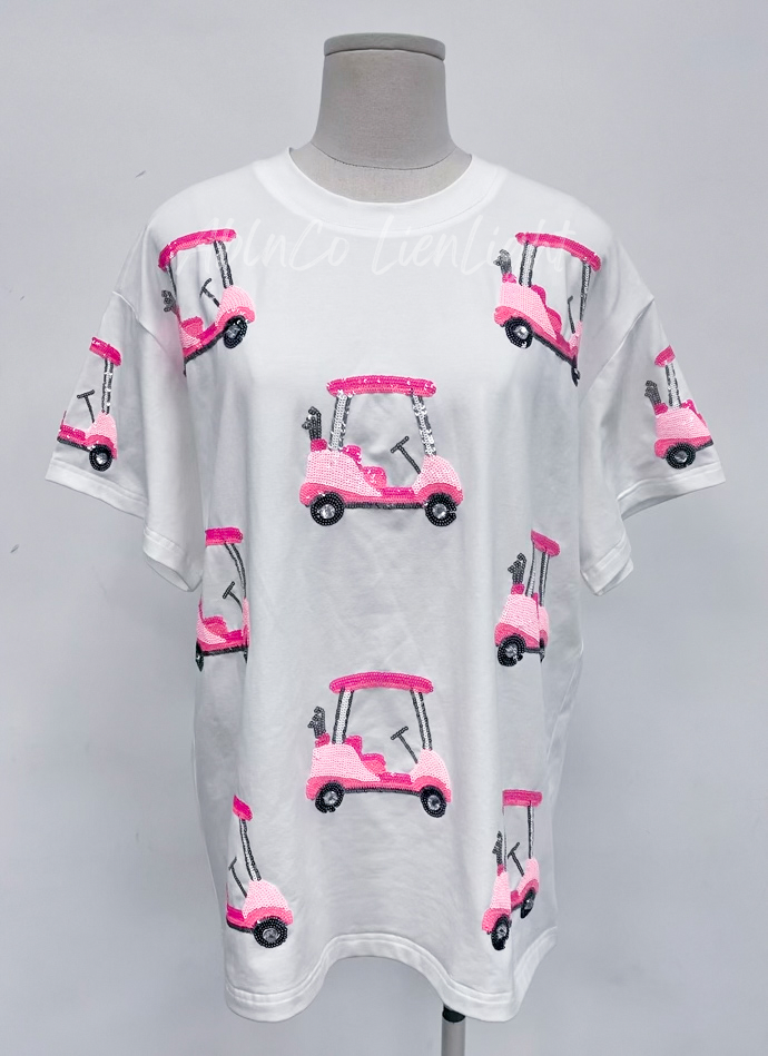 Preppy Pink Golf Cart Full Sequins T-Shirt