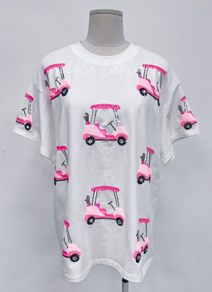 Preppy Pink Golf Cart Sequins T-Shirt