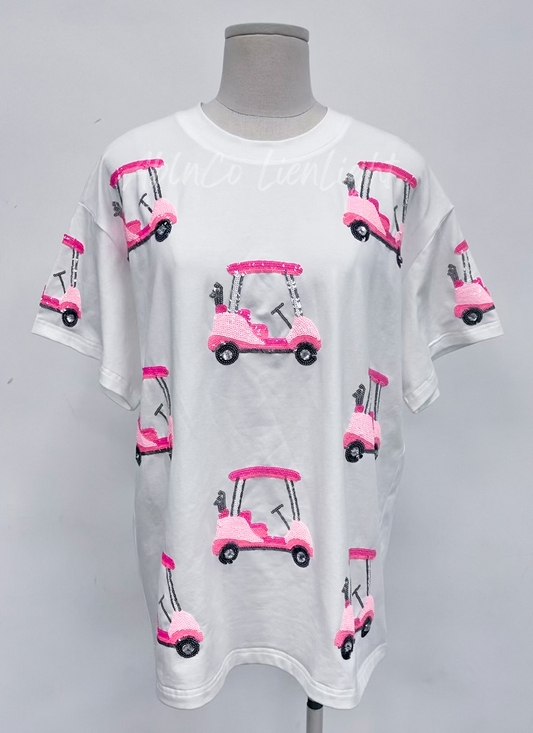 Preppy Pink Golf Cart Full Sequins T-Shirt