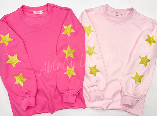 Gold Glitter Stars on Sleeve Blank Pink Sweatshirts
