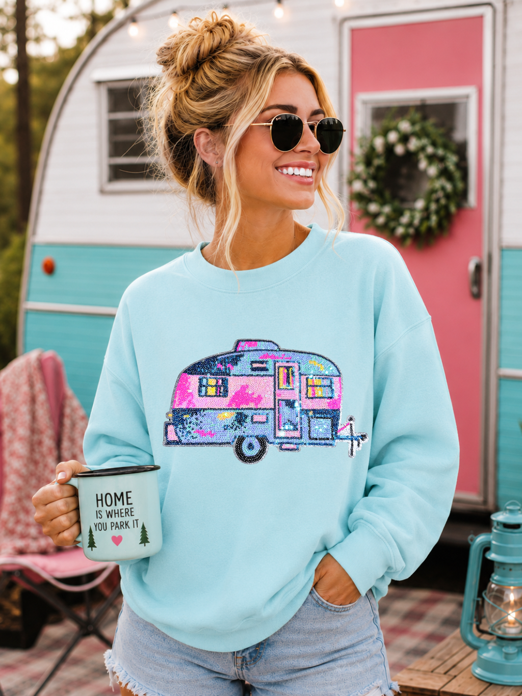 Trailer Camper Camping Pink Sequin Patch Sweatshirt