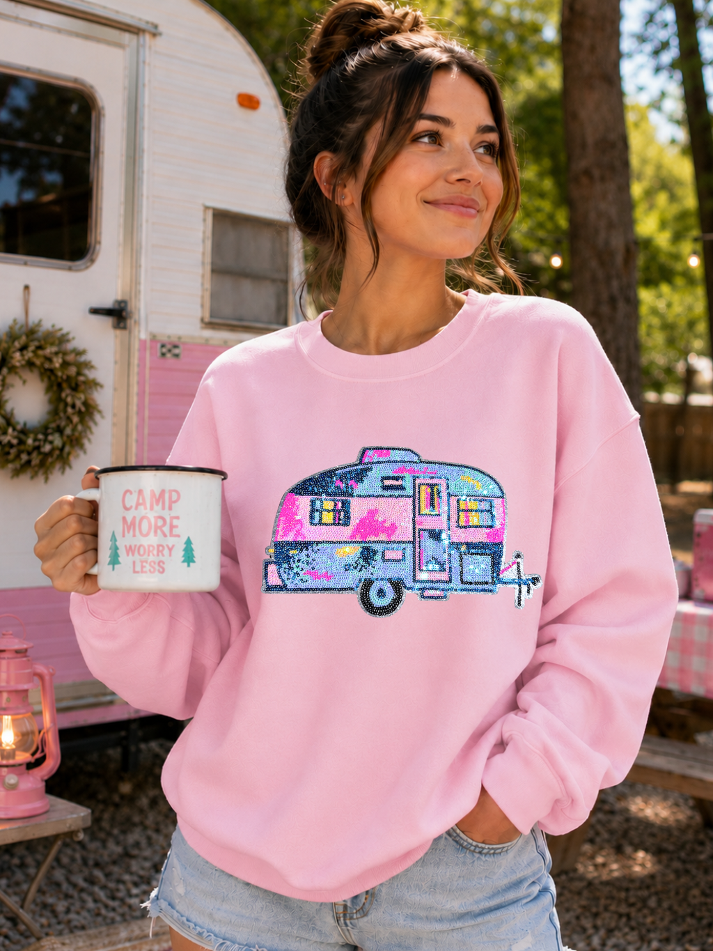 Trailer Camper Camping Pink Sequin Patch Sweatshirt
