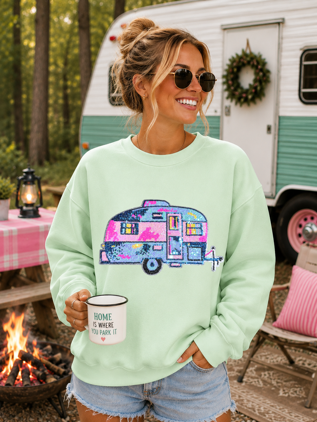 Trailer Camper Camping Pink Sequin Patch Sweatshirt