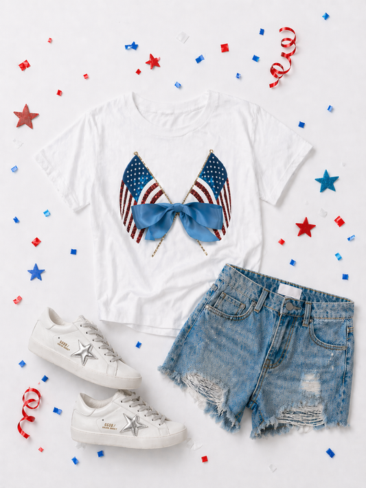 American Flag Bow 4th July Holiday 
Sequins Tshirt ( SHIPS 4/30 )