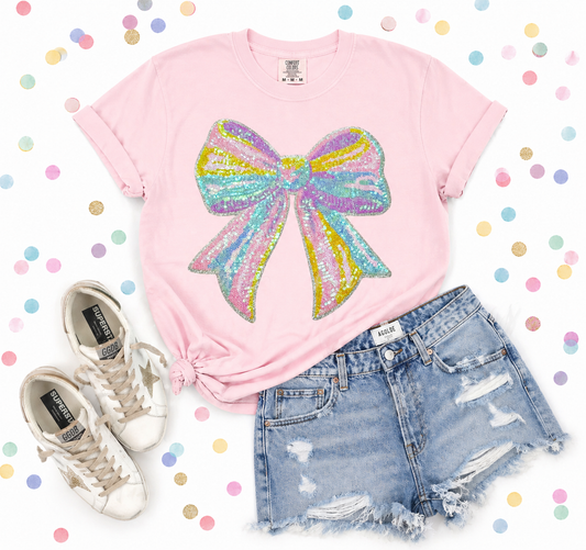 Pastel Big Bow Sequin Patch Tshirt