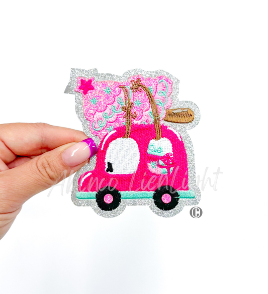 Pink Mini Christmas Car©️ Glitter Embroidery Patch