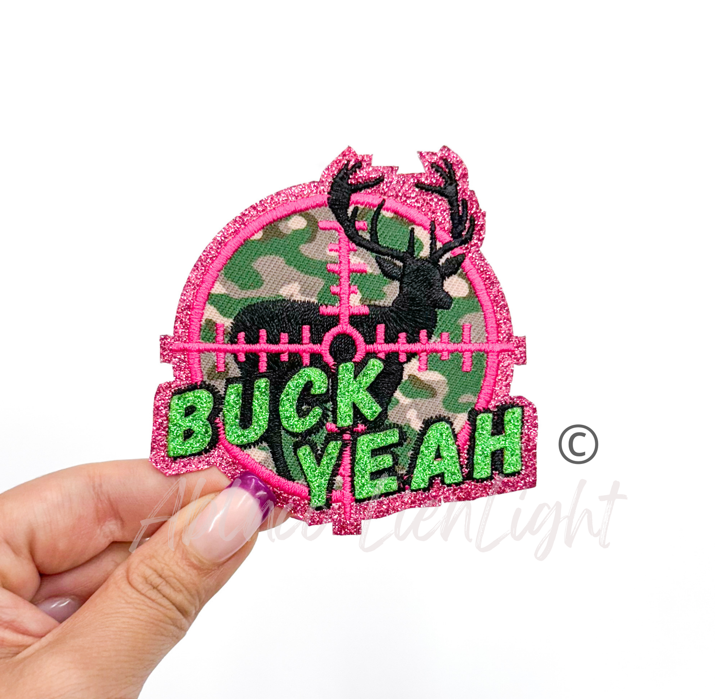 Buck Yeah Deer Hunting Camo Pink Glitter Embrodiery Patch©️