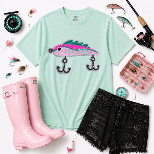 Pink Lure Fishing Sequin Patch Tshirt