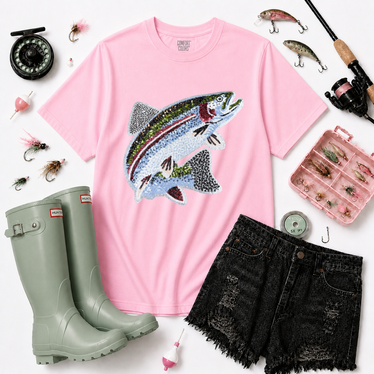 Rainbow Trout Fishing Sequin Patch Tshirt