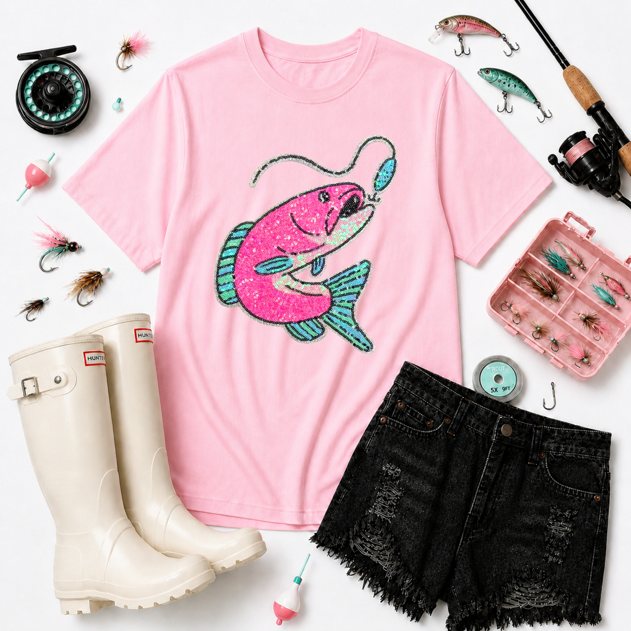 Pink Fish & Bait Fishing Summer Sequin Patch Tshirt