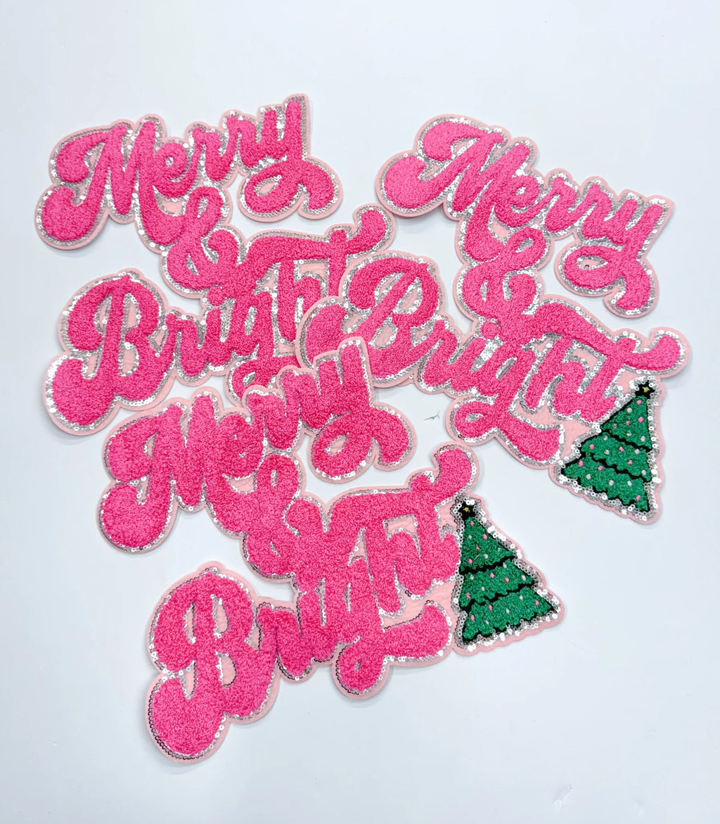 Pink Merry & Bright Christmas Sequin Patch - Large