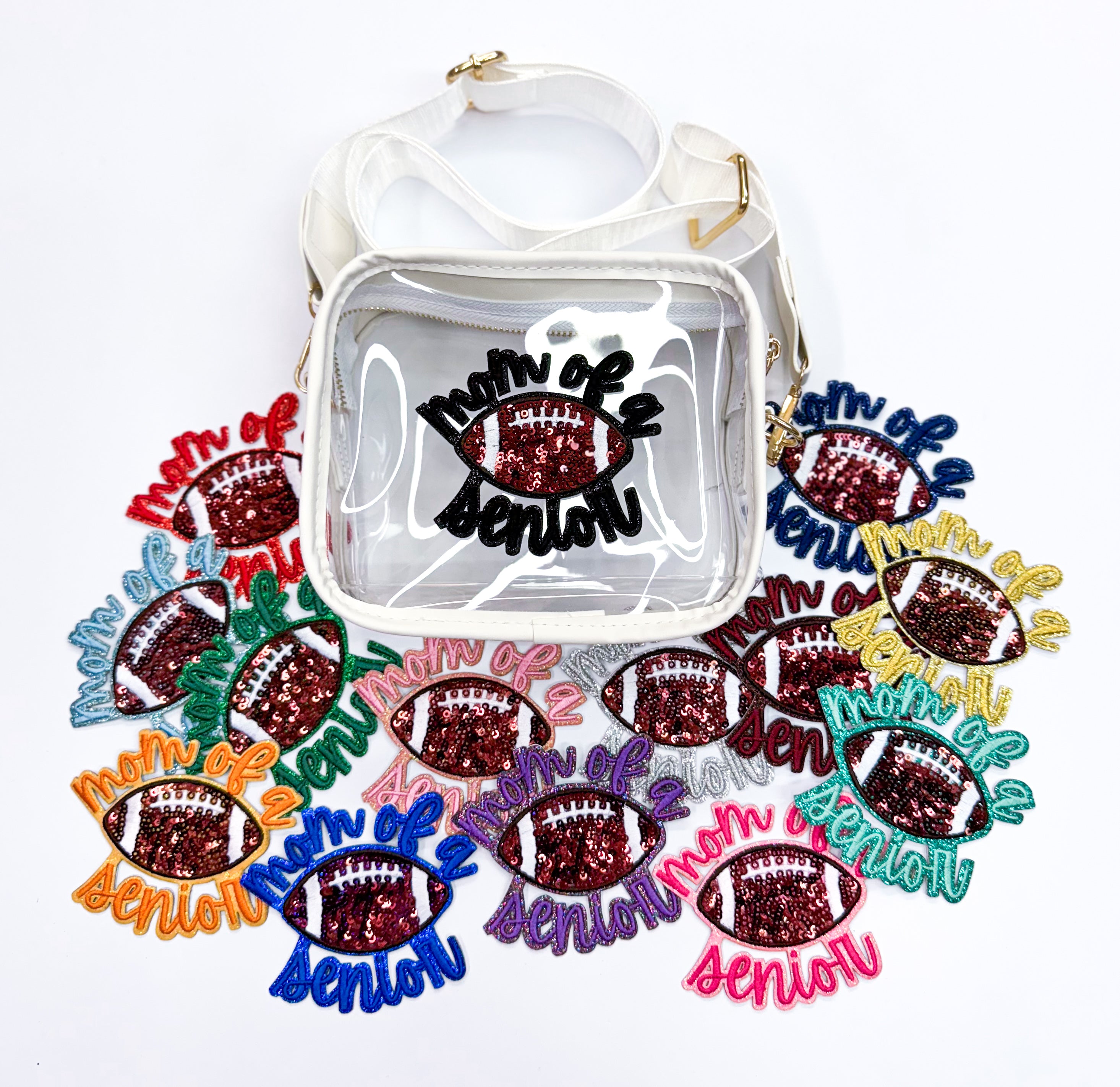 Red Football Mom of Senior STICKER Adhesive Embroidery Sequin Patch