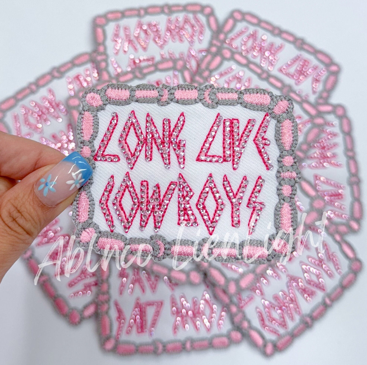 Pink Long Live Cowboys Rhinestone Embroidery Patch