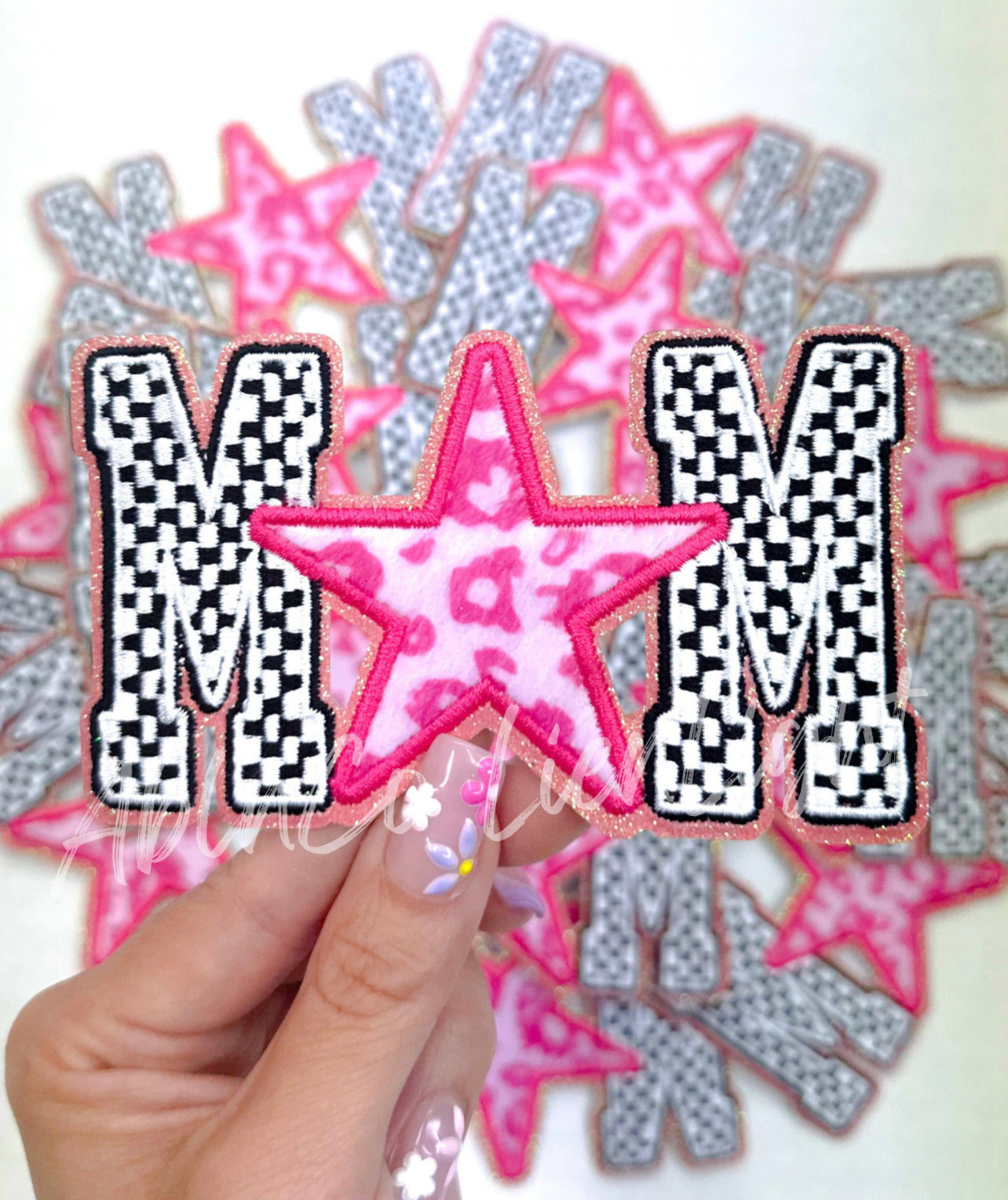 Mom Checkered Pink Cheetah Star Embroidery Patch