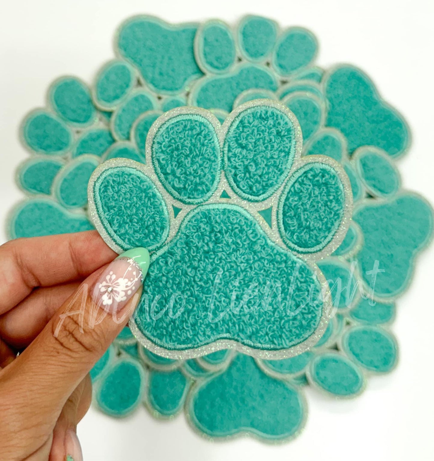 Turquoise Chenille Paw Embroidery Patch