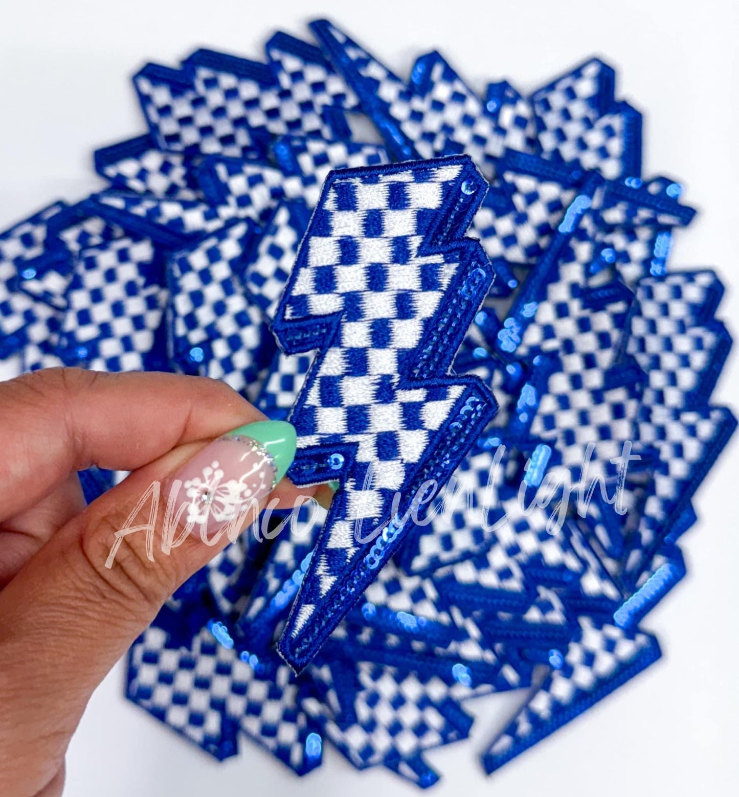 Royal Blue Lightning Checkered Bolt Embroidery Sequin Patch