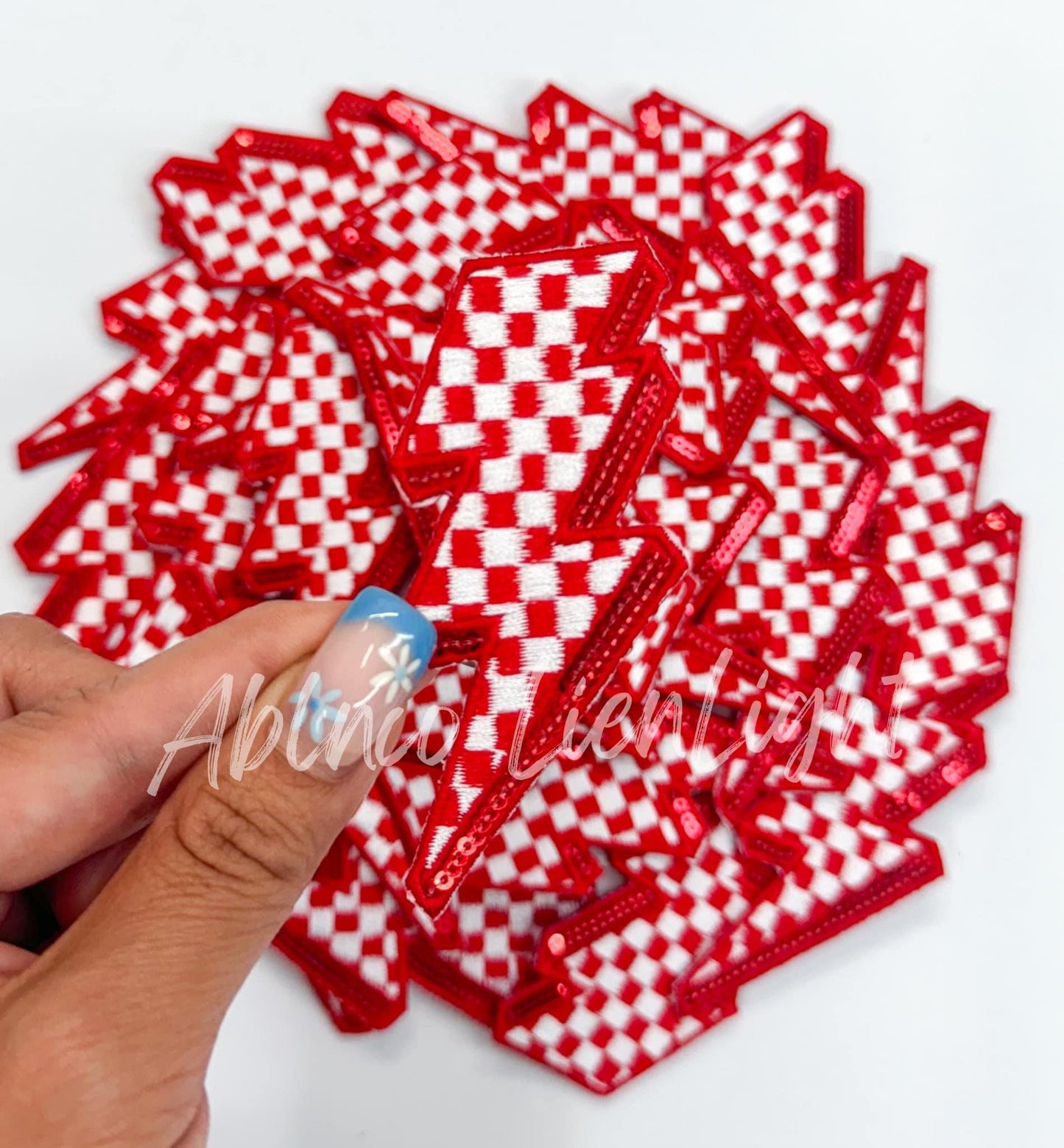 Red Lightning Bolt Checkered Embroidery Sequin Patch