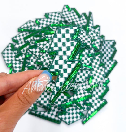 Green Lightning Checkered Bolt Embroidery Sequin Patch