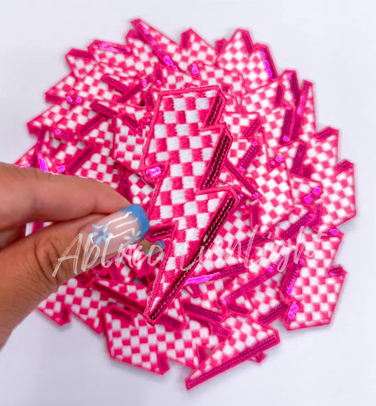 Hot Pink Lightning Checkered Bolt Embroidery Sequin Patch