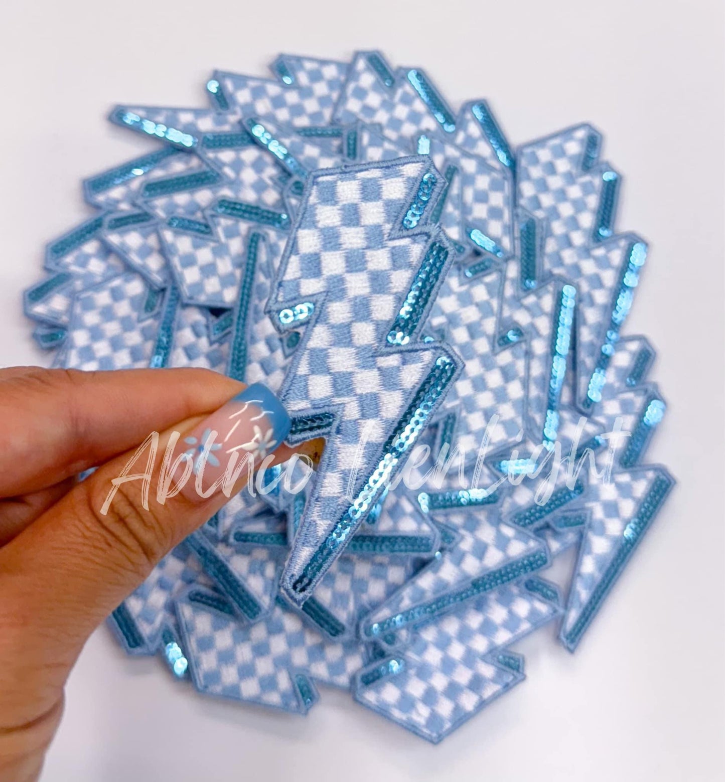 Light Blue Lightning Checkered Bolt Embroidery Sequin Patch