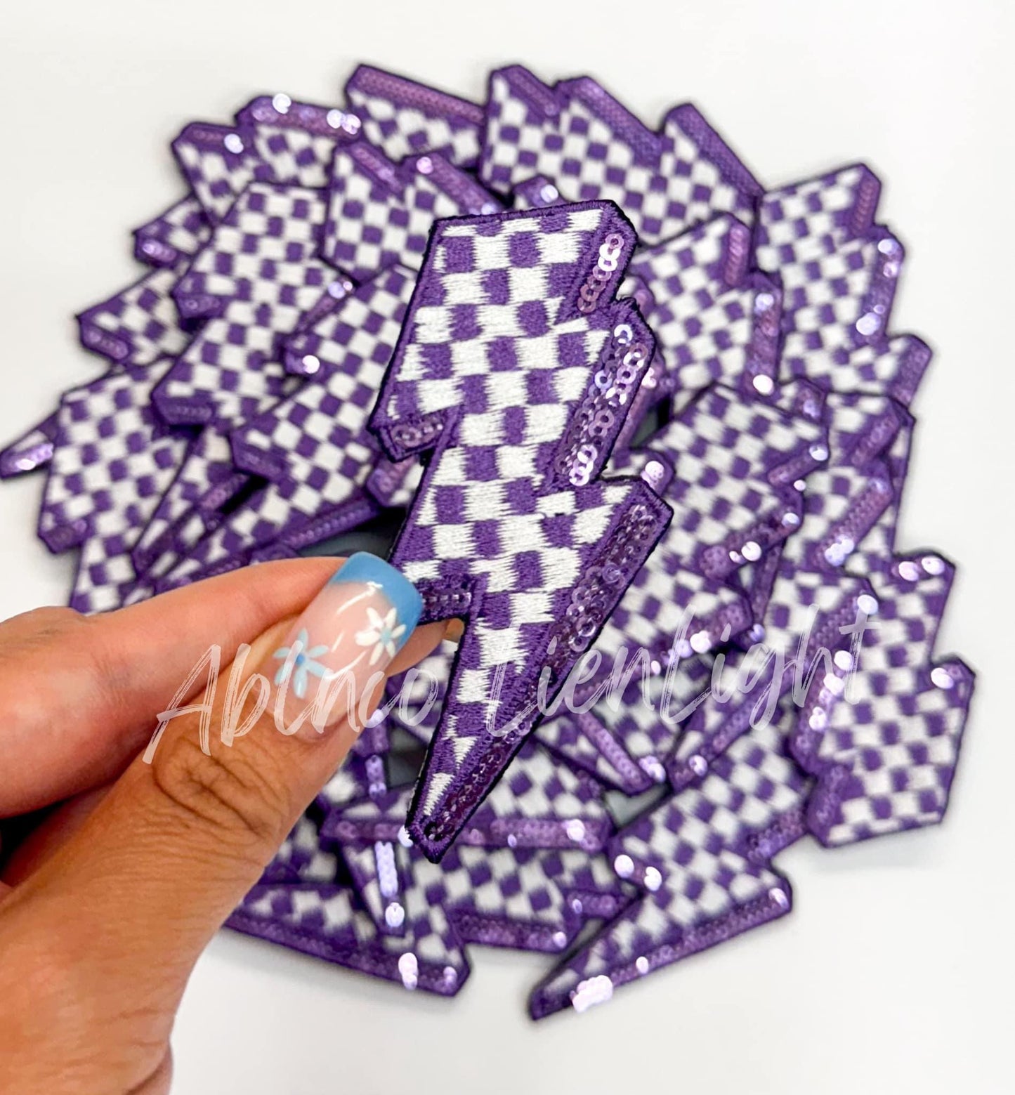 Purple Lightning Checkered Bolt Embroidery Sequin Patch