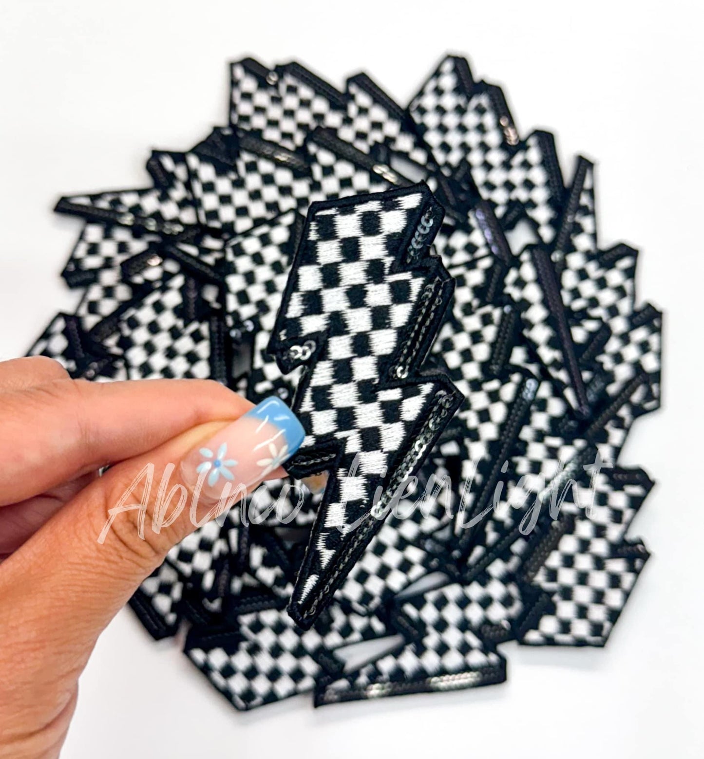 Black Lightning Checkered Bolt Embroidery Sequin Patch