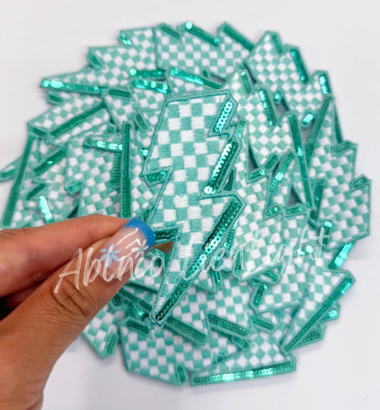 Teal Lightning Checkered Bolt Embroidery Sequin Patch