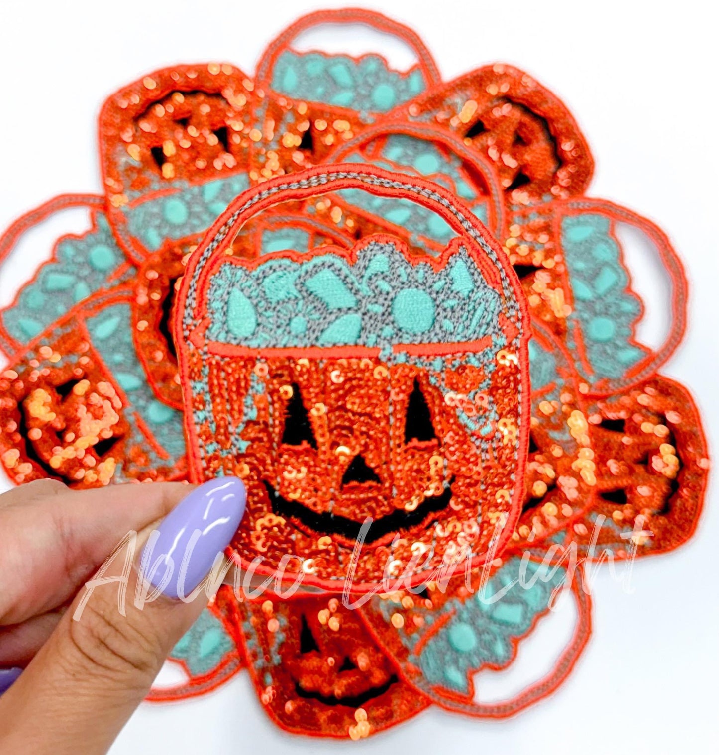 Turquoise Pumpkin Pail Sequin Embroidery Patch