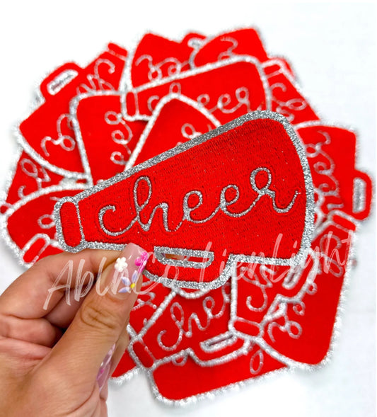 Red Cheer Megaphone Silver Embroidery Patch