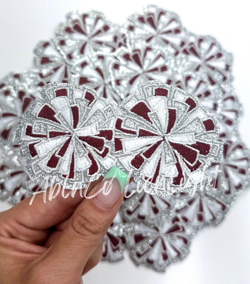 Maroon Silver Cheer Pom Pom Embroidery Patch