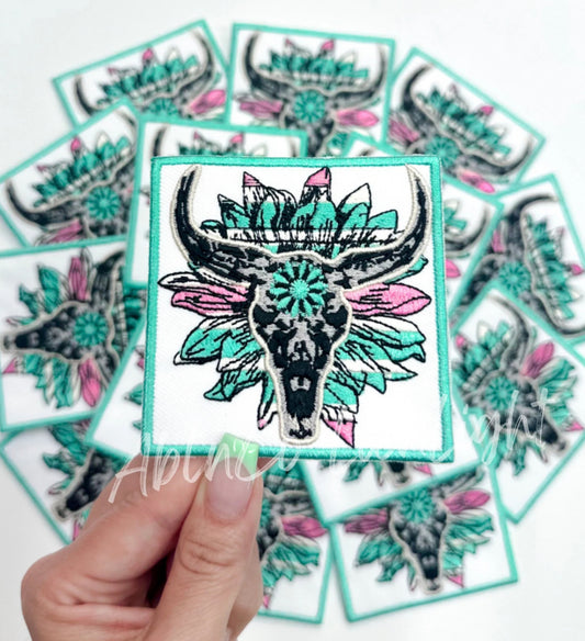 Floral Turquoise Bull Skull Embroidery Patch